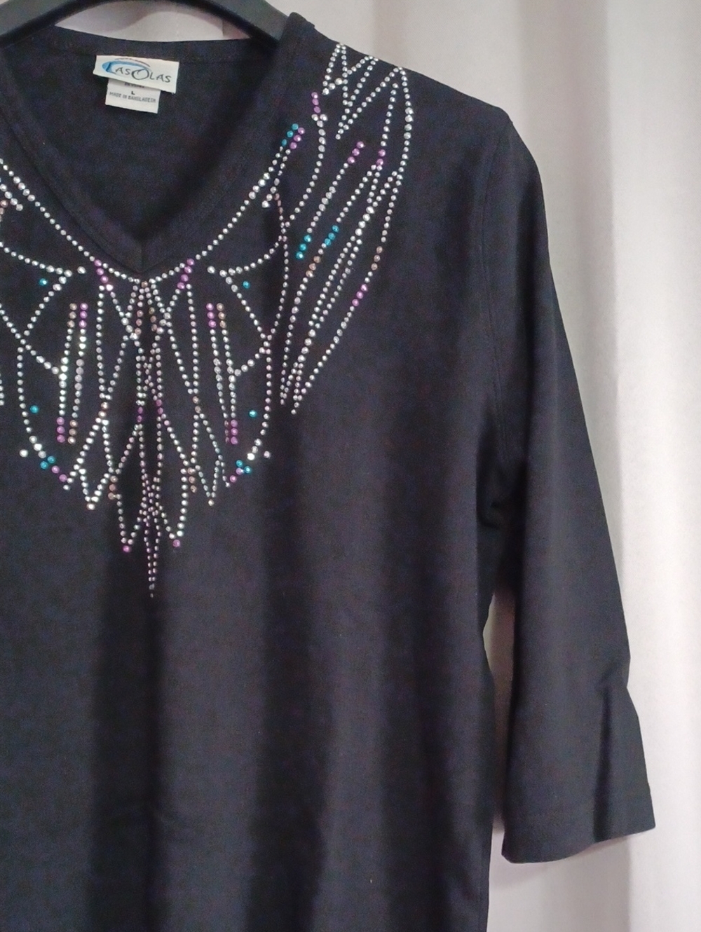 Las Olas Black V-Neck 3/4 Sleeve Combed Cotton Top Silver Teal Purple Rhinestone - Picture 5 of 14